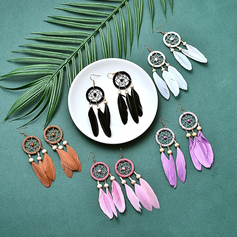 Drop Earrings Bohemian Hollow Dream Catcher Leaf Feather For Women