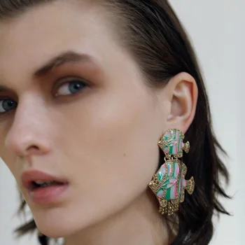 

ZA Vintage Green Enamel Ancient Gold Fish Large Drop Earrings For Women 2020 Trendy Geometric Long Retro Earring Fashion Jewelry