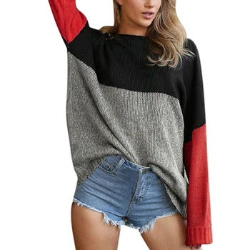 

2019 Women Autumn Casual Color Patchwork O Neck Long Sleeve Loose Knitted Pullovers Ladies High Atreet Fashion Sweater SJ4104E