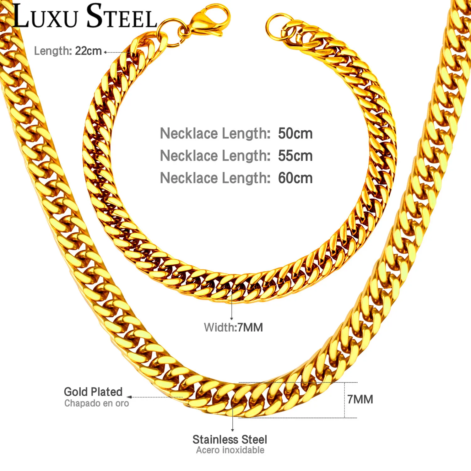 LUXUSTEEL Stainless Steel Chains Bracelets Sets Women Men 7mm Long Necklace Hiphop Jewelry Party Wedding | Украшения и аксессуары