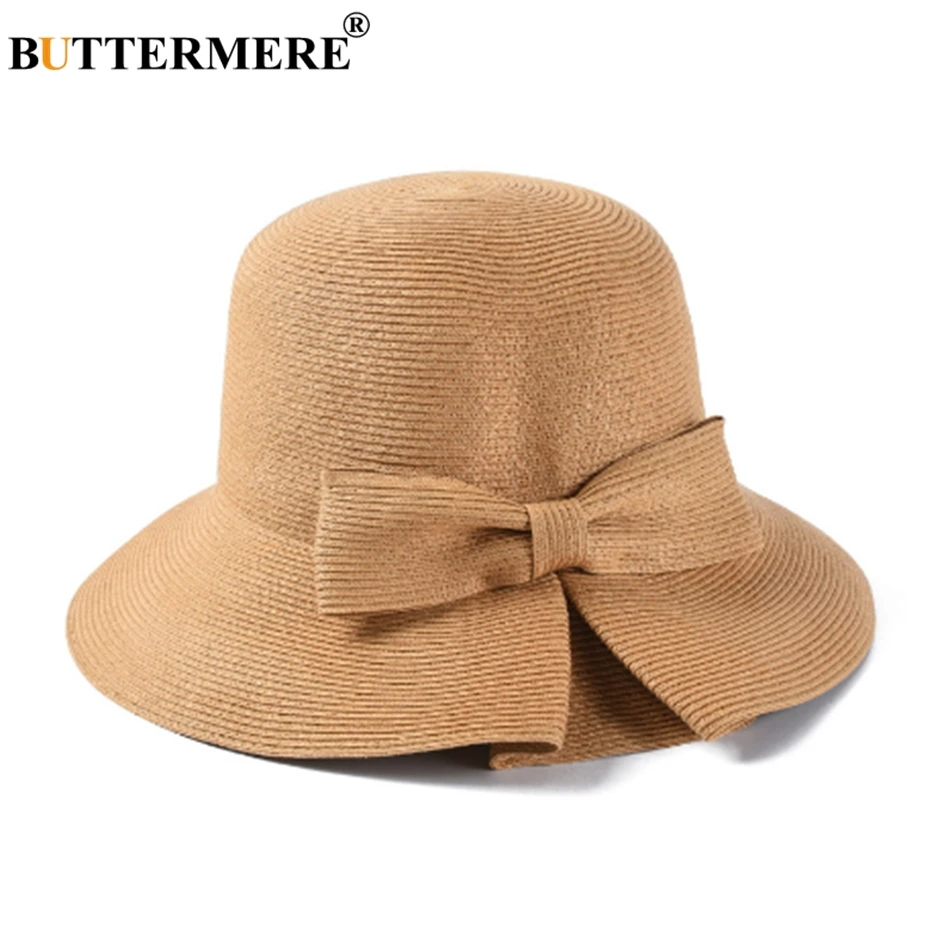 

BUTTERMERE Bucket Hat Women Camel Straw Fishing Cap Ladies Solid Bowknot Elegant Female Summer Wide Brim Beach Bob Hats And Caps