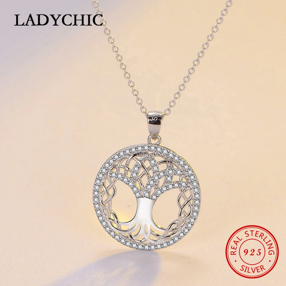 LADYCHIC, классический, 925 пробы, серебряный, дерево жизни, круглый кулон для женщин, мама, прозрачный, CZ, массивное ожерелье, хорошее ювелирное изделие, LNS1041