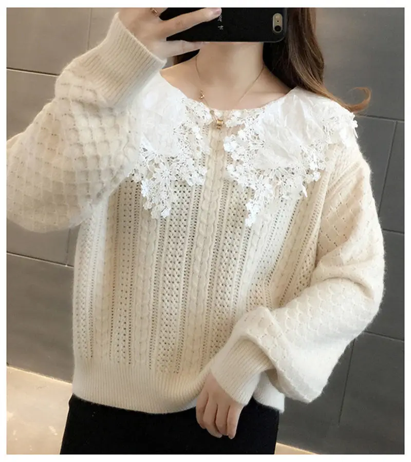 pullover sweater 2022 Spring Autumn Sweater Female Korean Version Loose Autumn Winter Outer Wear Lace Doll Collar Knit Pullover Top christmas sweatshirt