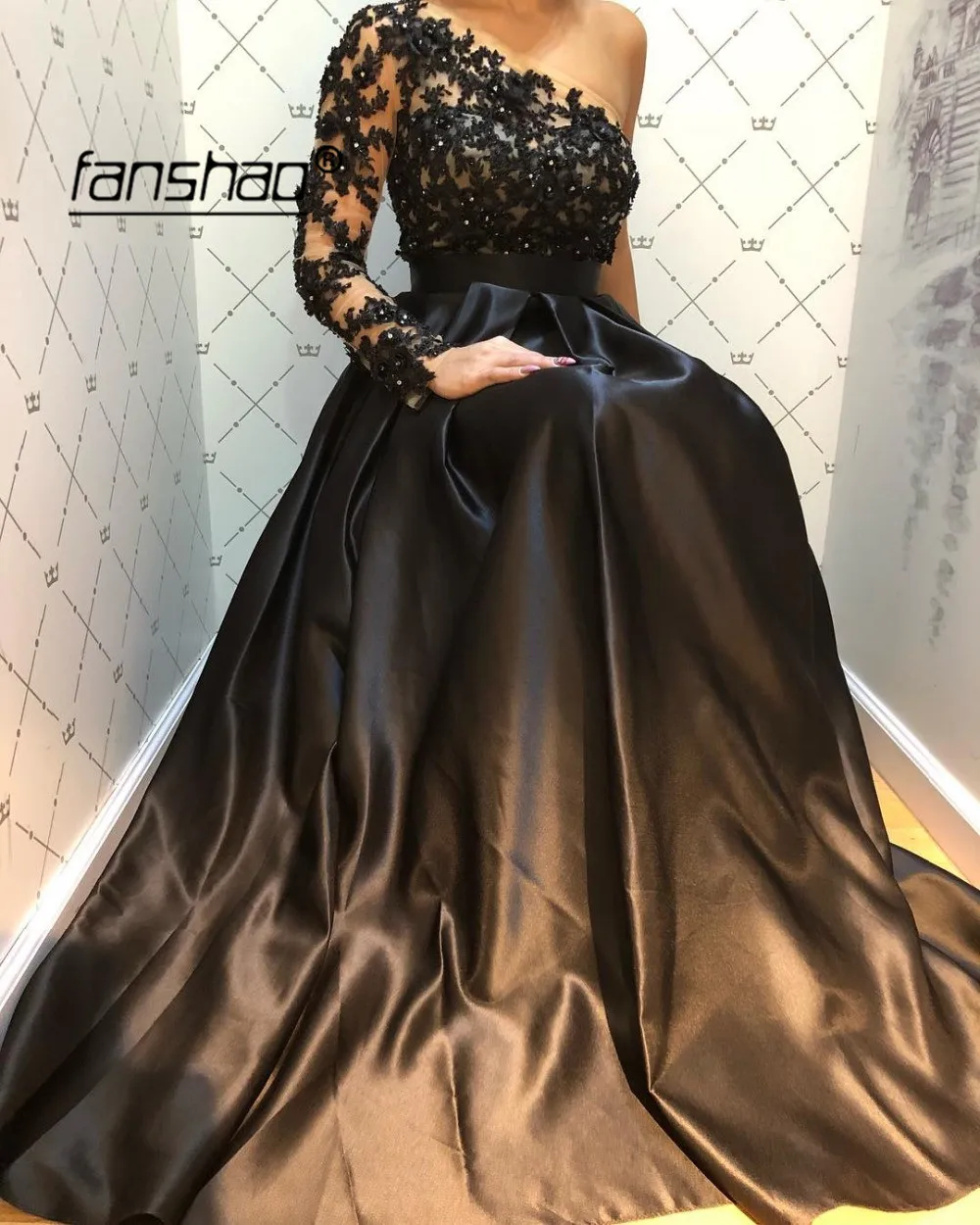 Черное платье на одно плечо для выпускного вечера атласное простое платье с длинным рукавом для выпускного вечера размера плюс длинные вечерние платья vestido fiesta