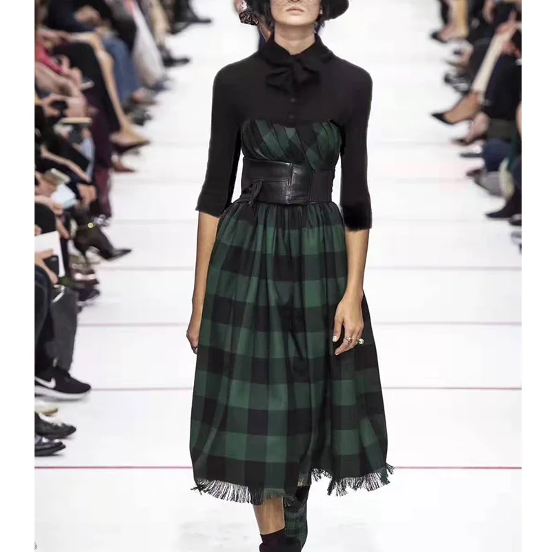 

Cosmicchic Autumn Winter 2019 Fake Two Pieces Gothic Long Dress Bow Scarf Collar Green Black Plaid Vintage Maxi Party Dresses