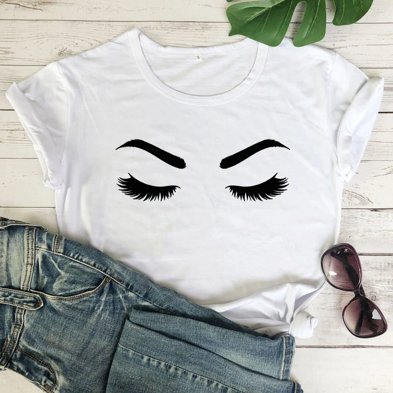 

Funny Women's Makeup Eyelashes T-shirt Casual Short Sleeve Graphic Eyebrows Tee Shirt Top 90s Girl Summer Hipster Grunge Tshirt