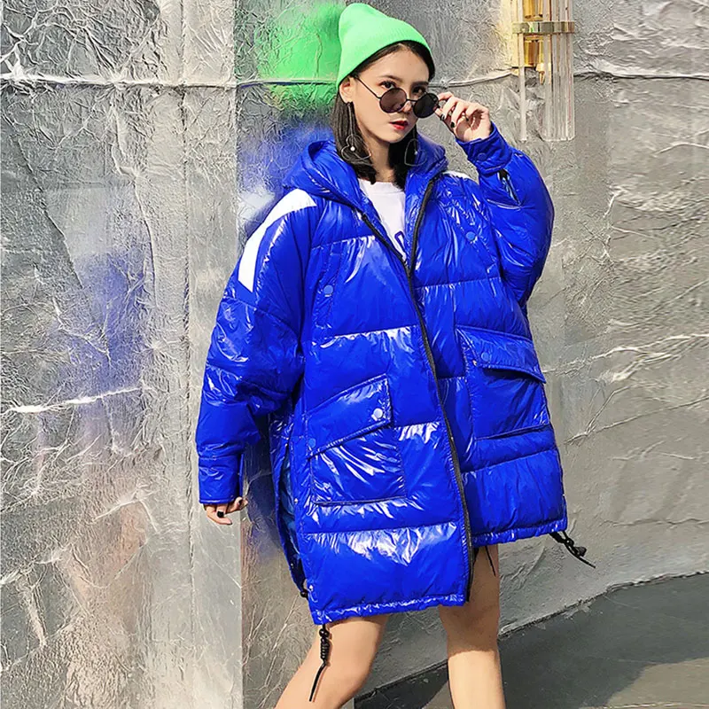 Blue Зимняя женская куртка большого размера, хлопковое пальто с капюшоном, модная Глянцевая хлопковая стеганая куртка, женская верхняя одежда, уличная теплая парка - Цвет: Blue