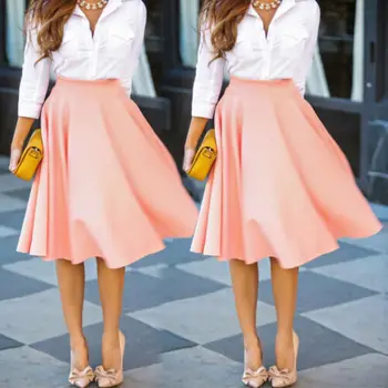 

Women Midi Skirt Ladies Vintage High Waist Stretch Skater Flared Pleated Swing Skirt 3FS
