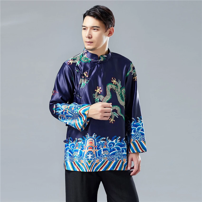 Traditional Chinese Clothing for Men Long Sleeve Shirt Print Dragon Mens Retro Tang Suit Chinese Fashion Style Cheongsam Top