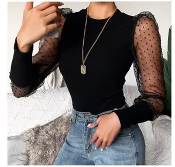 

Sexy Lace Puff Sleeve Women's Bodysuit Spring Long Sleeve Polka Dot Vintage Bodycon Jumpsuit Tops Skinny Mesh Bodysuits