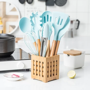 

Silicone Cooking Utensils Set Non-stick Spatula Soup Spoon Wooden Handle with Storage Box Kitchen Tools Set Gifts for Mother
