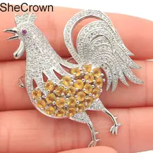 36x47 мм Новое поступление форма петуха Золотой Цитрин Турмалин CZ SheCrown Подарок серебряная брошь