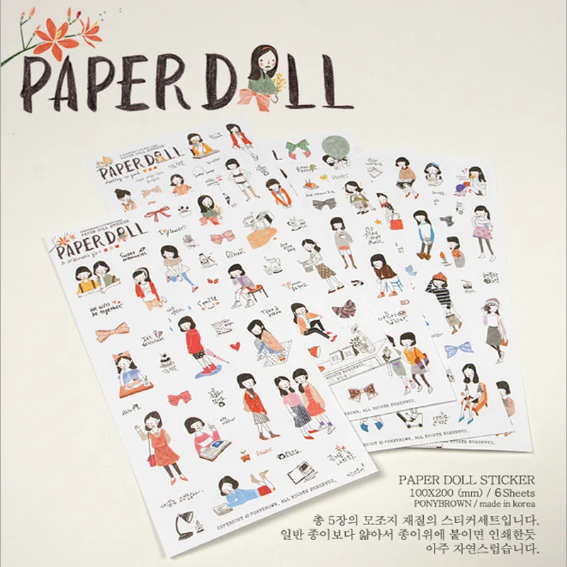 6 Sheets/lot Cute Pencil Drawing Girl Mini Pvc Transparent Korean Stickers Papers Flakes Kids Decorative For Cards Stationery | Канцтовары