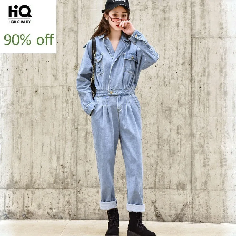 

Boyfriend Style Women Jeans Cargo Pants Long Sleeve One Piece Jumpsuit Casual Loose Fit Bib Overall Streetwear Denim Jumpsuits