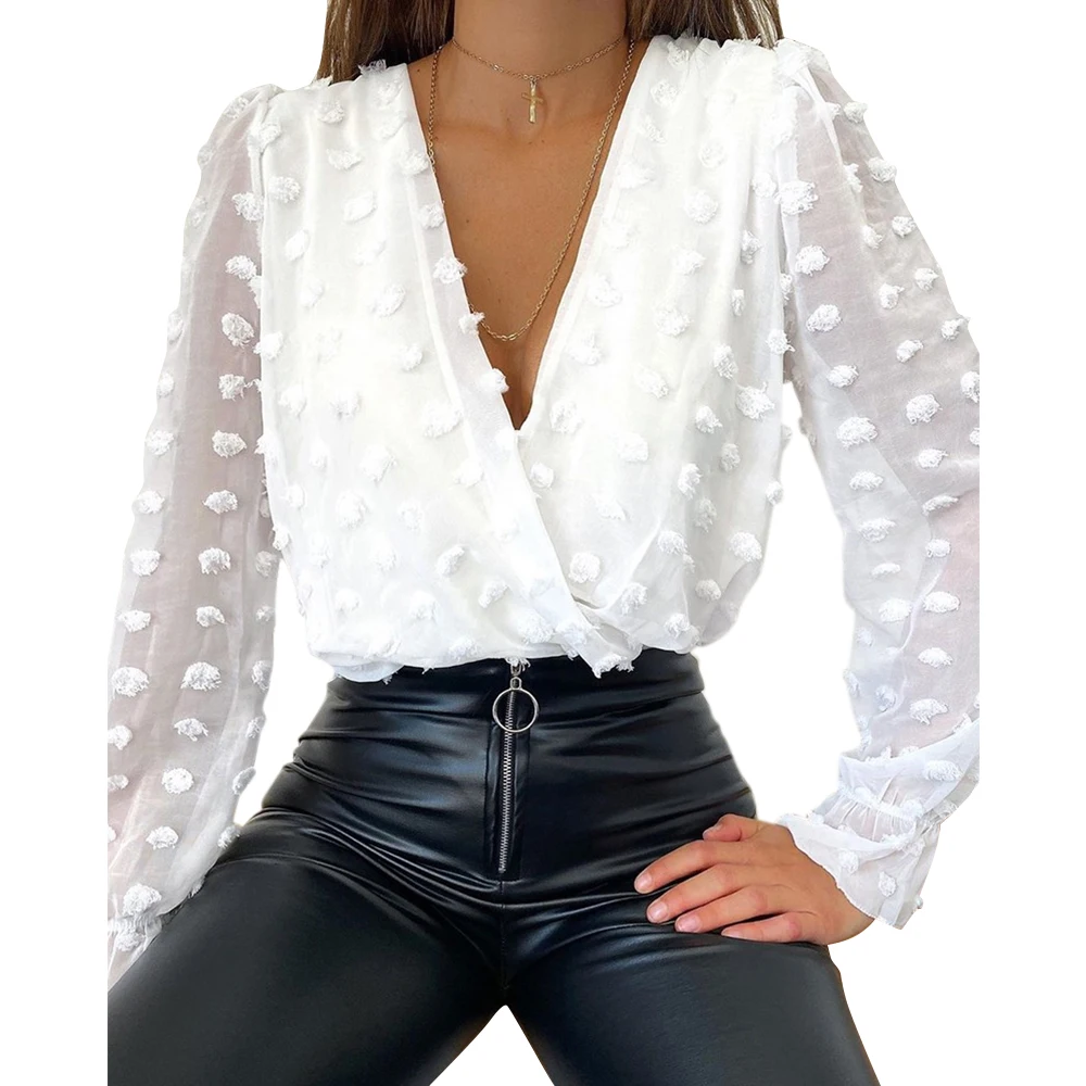 Women Deep V Neck Top White Jacquard Fashion Shirt Female Long Sleeve Chic Shirt Sexy Polka Dot Solid Color Mesh Blouses 