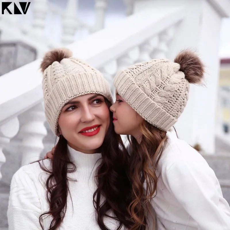 KLV, комплект из 2 предметов, шапка для мамы и ребенка, одинаковая шапка для всей семьи, зимняя теплая вязаная шерстяная шапочка, лыжная шапка, детская шапка