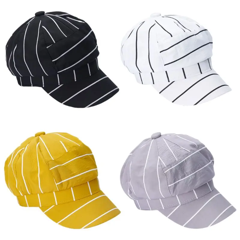 

Korean Women Men Couples Flat Beret Cap Geometric Stripes Patchwork Printed Harajuku Student Painter Button Top Visor Peaked Hat