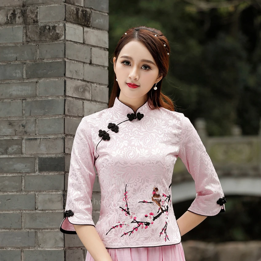 Новогодняя традиционная китайская одежда для женщин Qipao Топ Тан костюм вышивка Cheongsam блузка Винтаж классического размера плюс Топы