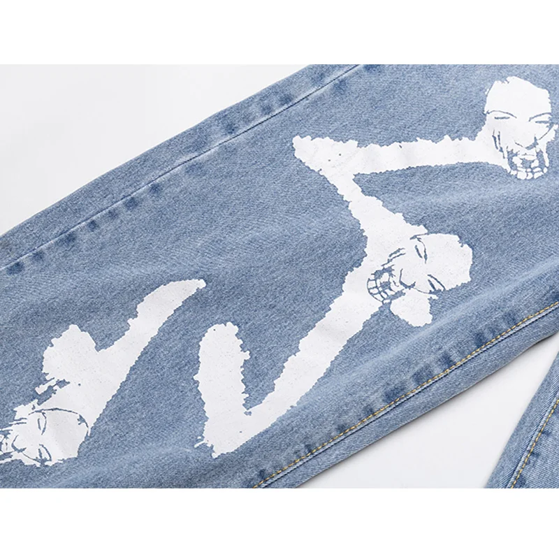 Cheap Hip Hop Style Jeans Men Spring Cool Graffiti Print Denim Pants Lover High Street Wide Leg Pants Korean Retro Baggy Mens Jeans