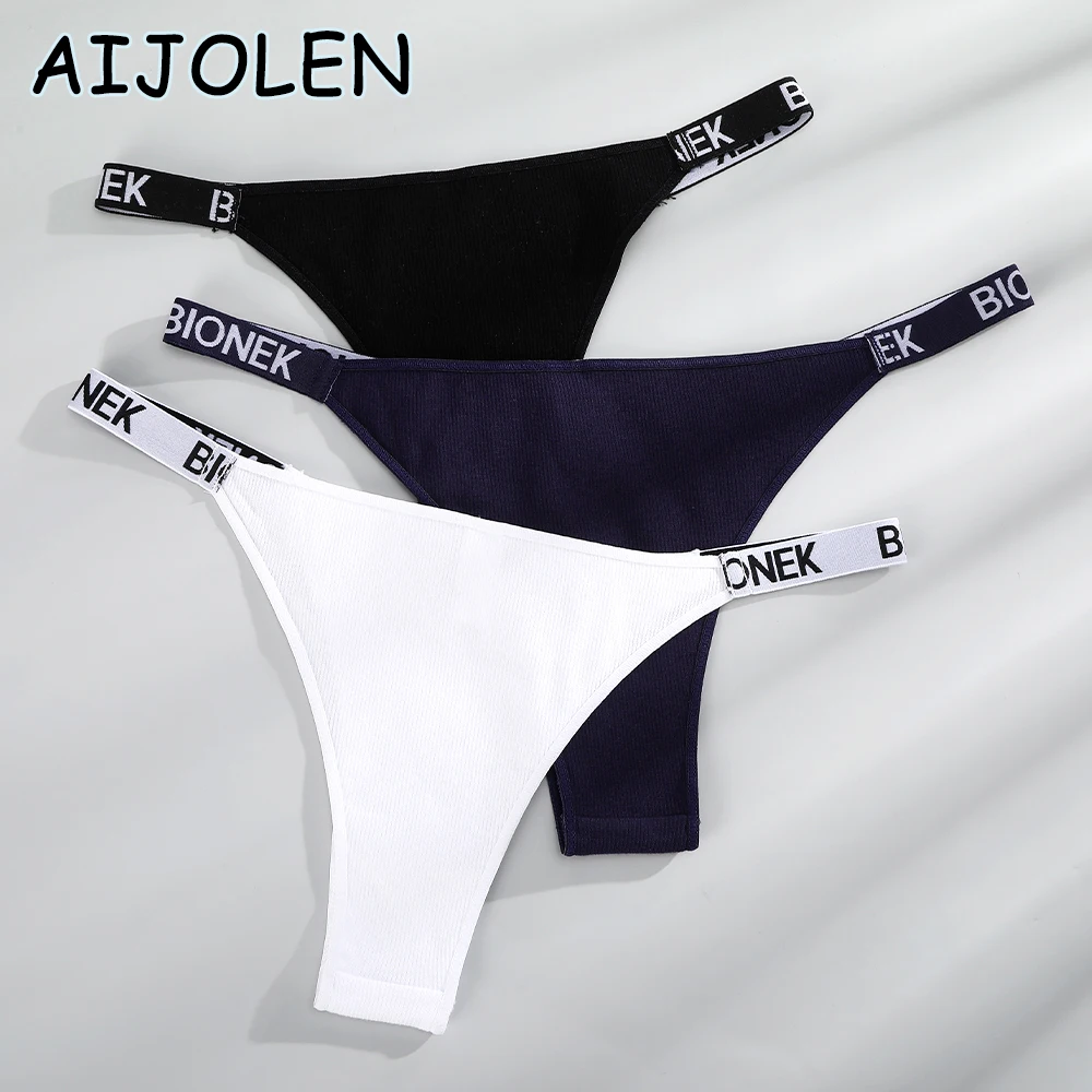 

AIJOLEN 3PCS/Set Sexy G-string Panties Female Cotton Underpants for Women Stripe Thong Solid Color Pantys Intimates Lingerie