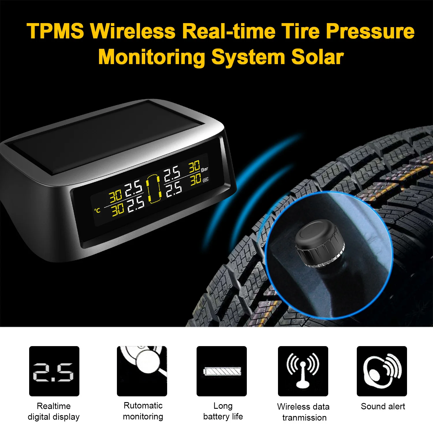 TPMS система контроля давления в шинах Солнечная Беспроводная и usb зарядка система обнаружения с 4 внешними датчиками