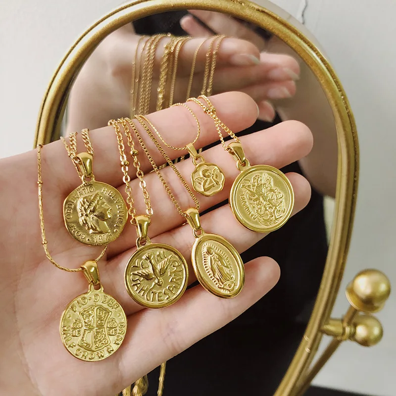Amaiyllis 18K Gold Portrait Coin Cross Peach Heart Angel Charms Vintage Pendant Accessories For Women Diy 18k Necklaces