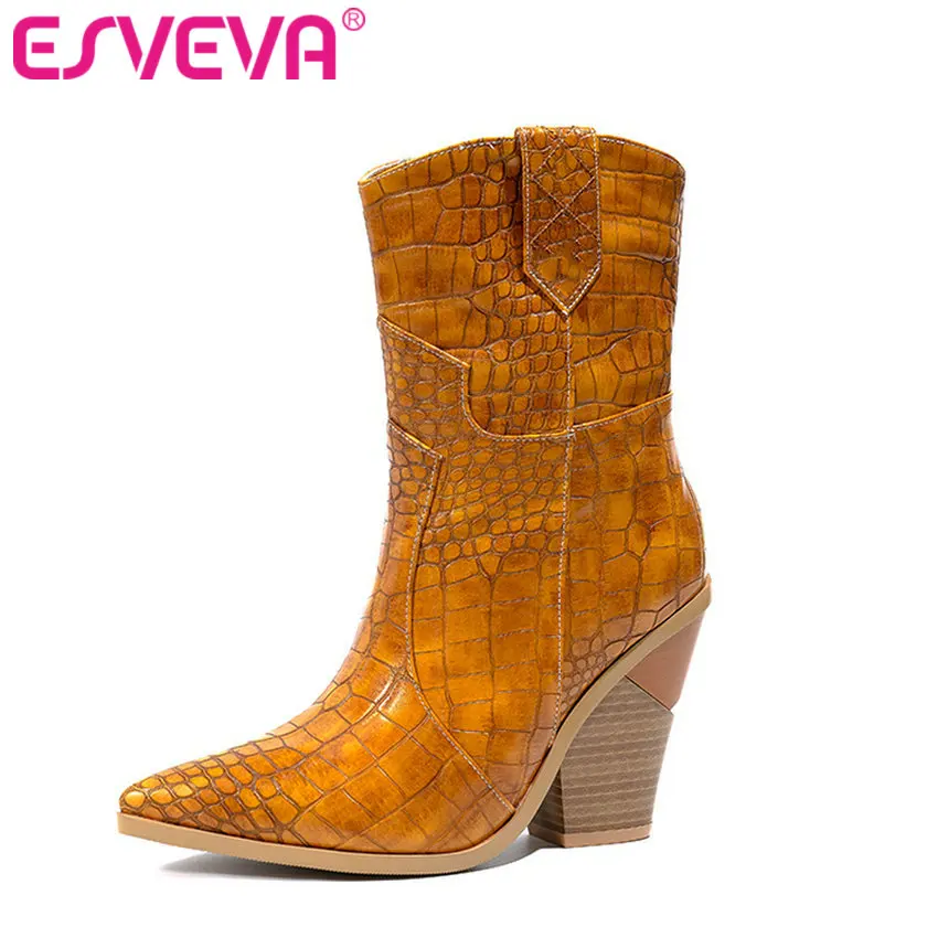 

ESVEVA 2020 Ankle Boots Women Shoes Leather+PU Autumn Square High Heel Pointed Toe Short Ladies Motorcycle Boots Size 34-43