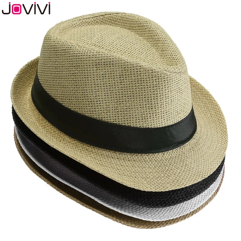 Jovivi 1x летняя соломенная фетровая шляпа унисекс с короткими полями, Пляжная солнцезащитная Кепка с черным поясом, шляпы для мужчин и женщин, джазовая шляпа, есть 4 цвета