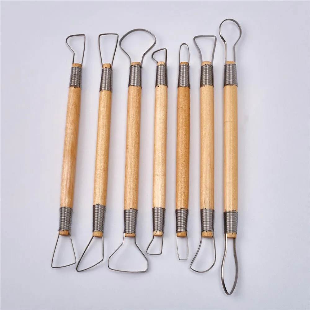 

7 pcs/set Wire Double Head Carving Tool Stainless Steel Wire Wound Trimming Knife With Wooden Handle Ceramic Clay Flat Tool
