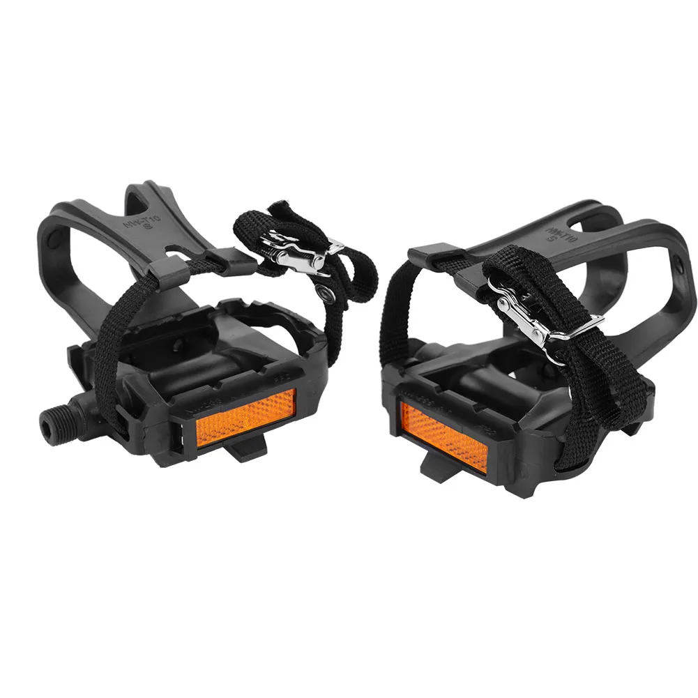 1pair/lot Road Bike Pedals with Double Toe Clips Straps Plastic Cycle Pedal Bike Pedals Toe Clips Straps Set pedales Straps Set