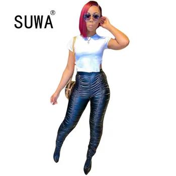 

Spring Autumn Summer Fashion Clothes Women Leather Pants Trousers Black High Waist Stacked Legging Sexy Club Party K-Pop Style