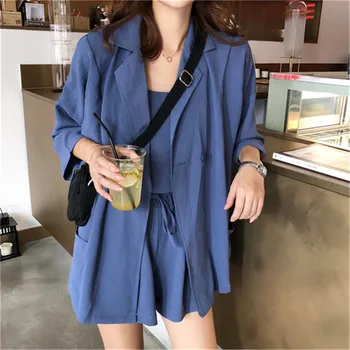 

2020 Spring And Summer New Women Suits Three Pieces Set Notched Full Sleeve Solid Vest Blazer Tops And Short Pant Woman Set D516