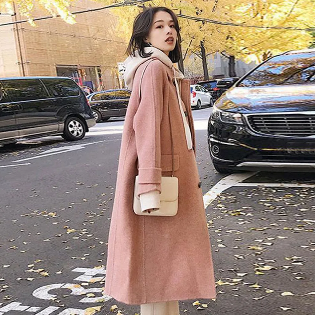 Women Work Solid Vintage Winter Office Long Sleeve Button Woolen Jacket Coat