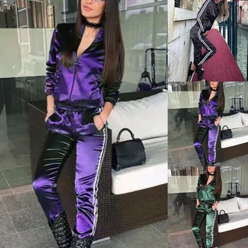 

Women Causal Tracksuit Sets Side Stripe 2 Piece Sporting Patchwork Zipper 2019 Satin Jackets And Pants Outfit Autumn Women Sets