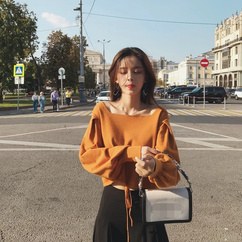 Koop 2019 Mishow Herfst Vintage Gebreide Trui Voor Vrouwen Mode Causale Vierkante Kraag Lantaarn Mouw Korte Tops MX18C5196