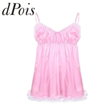 Gay Мужское нижнее белье SISSY регулируемое платье на бретельках с рюшами и кружевным подолом гладкое мягкое атласное платье Мужская пижама