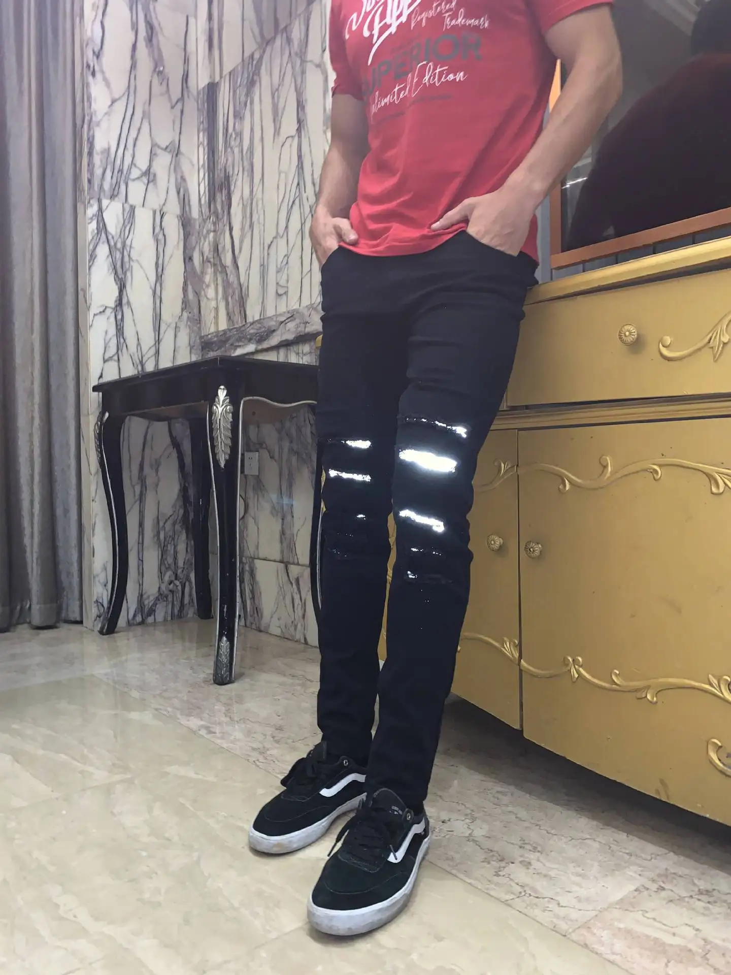 Мужские обтягивающие стрейчевый облегающий рваные Светоотражающие джинсовые брюки с рваными краями и потертостями потертые