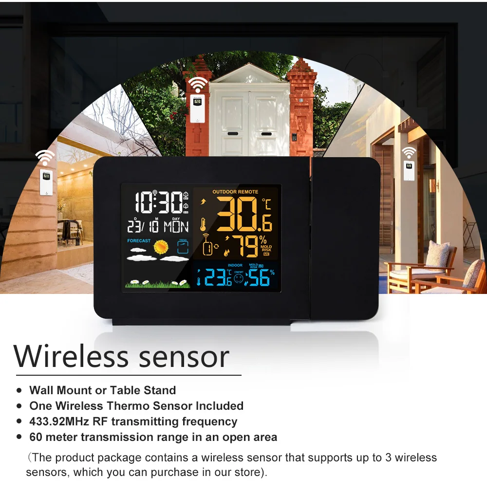 digital projetor tempo temperatura projeção umidade alarme duplo sem fio sensor