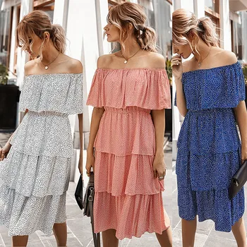 

Summer Women Dresses Sexy Off the Shoulder Casual Party bodycon beach Dress Short Sleeve Loose dot Slash Neck Ruffles Dress