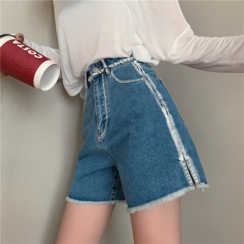 

Retro Ripped Short Jeans Girls Contrast Color High Elastic Split Fashion Denim Shorts Girls Straight Shorts Womens Clothing S-L