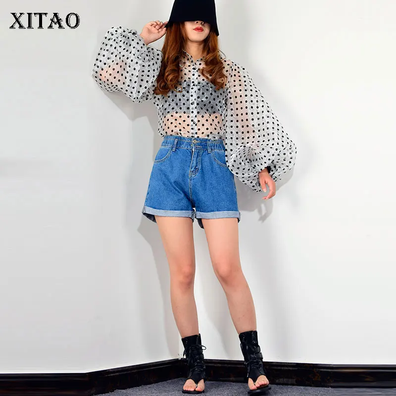 

XITAO Tide Puff Sleeve Print Shirt Single Breasted Turn Down Collar Thin Fashion Loose Casual Plus Size Blouse Women WQR2020