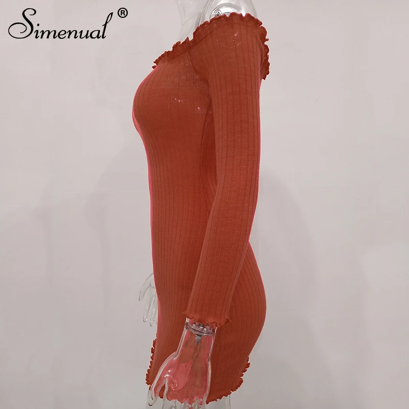 Simenual трикотажное платье в рубчик с оборками, женское облегающее платье, сексуальное платье с длинным рукавом, модное одноцветное обтягивающее мини-платье с открытыми плечами