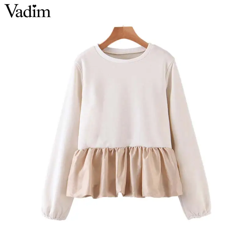 

Vadim women sweet patchwork sweatshirts long sleeve O neck pleated pullovers female outwear cute tops HA608