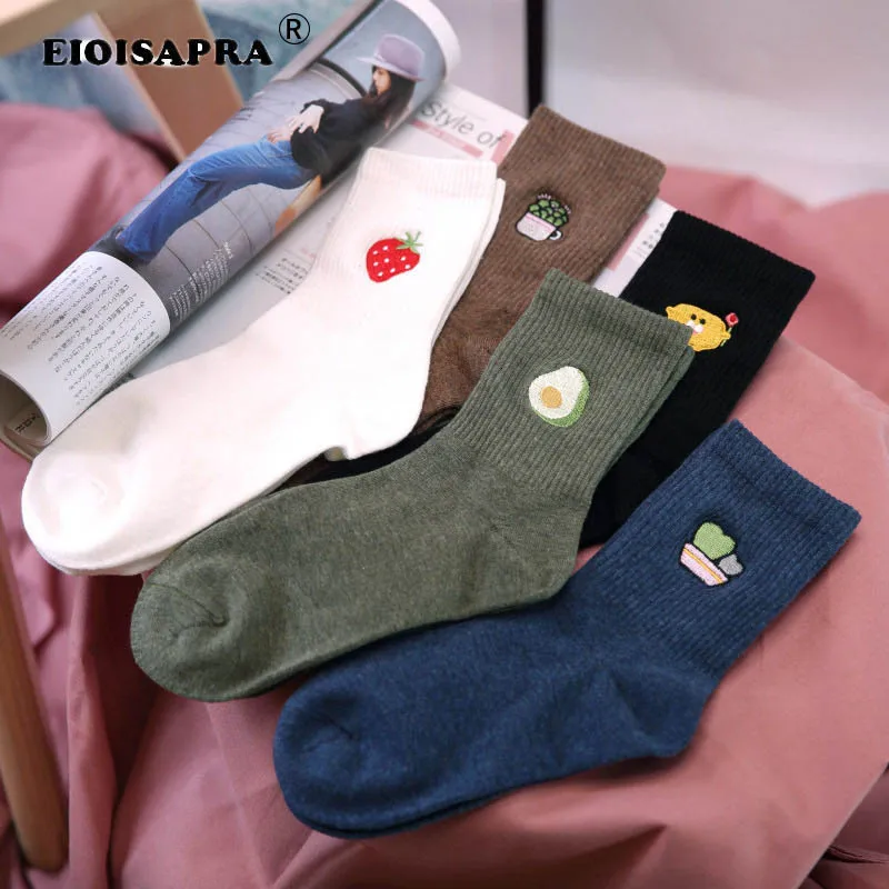 

Autumn Winter Embroidery Women Socks South Korean Style Small Fresh Casual Sox Plant Fruit Designer Crew Sock Gift For Women