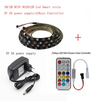 

1-2m DC5V WS2812B Led Strip 30 pixels/leds/m WS2812 IC Smart 5050 RGB led Strip light+5V LED Power Supply + 21Key LED Controller