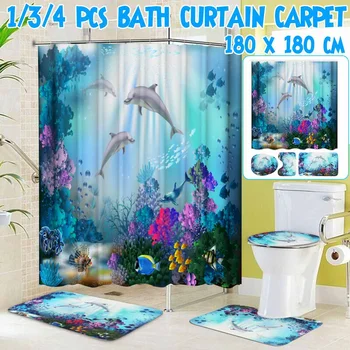

3D Ocean Dolphin Shower Curtain Waterproof Toilet Cover Lid Bath Curtain Floor Mat For Bedroom