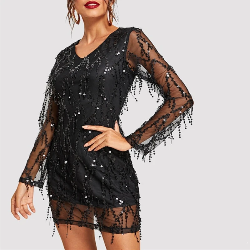 Сексуальное женское облегающее черное платье vestidos, платья для вечеринок, Украинская одежда sukienki, кружевное платье с блестками и длинным рукавом