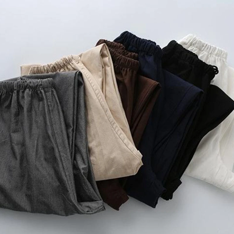 100% Cotton Chinese style Traditional Men's Kung Fu Pants Wu Shu Tai Chi Elastic Waist Long loose Trousers