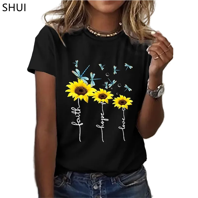 

Plus Size Clothing Sunflower Print T-shirt Ladies XXS-6XL Short Sleeve Round Neck Loose Summer Ladies T-shirt Camisetas Mujer