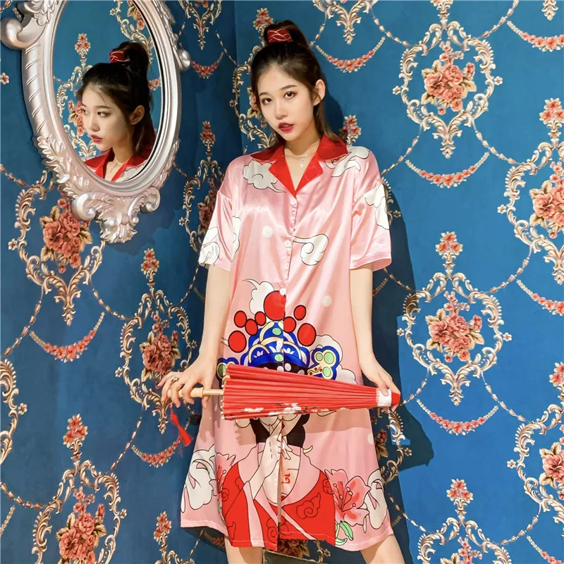 

Chinese style Print Sleepshirts Summer Girl's Nightdress Plus Size Nightgown Silk Comfortable Nightgown Ice silk Sexy Pajamas